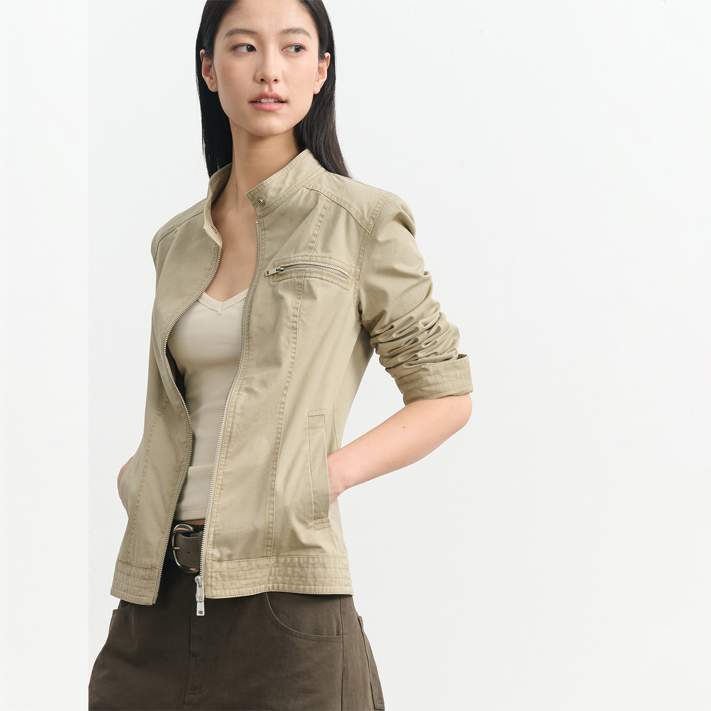 LINY LIBERTY 100%棉复古风水洗工装夹克上衣女宽松短款收腰外套