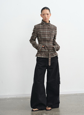 LINY LIBERTY 25AW 复古风灰咖色格纹立领短外套女收腰夹克上衣