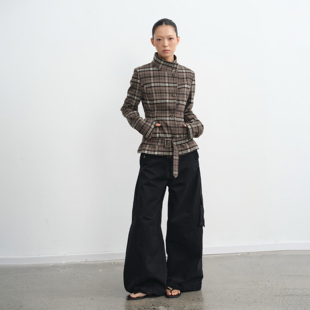 复古风灰咖色格纹立领短外套女收腰夹克上衣 25AW LINY LIBERTY