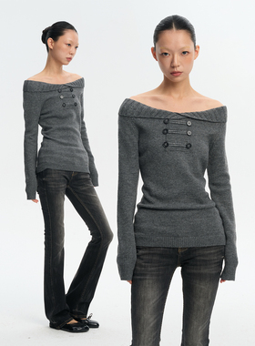 LINY LIBERTY 25AW 复古设计感一字肩羊毛混纺毛衣女秋冬打底上衣