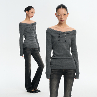 复古设计感一字肩羊毛混纺毛衣女秋冬打底上衣 25AW LINY LIBERTY