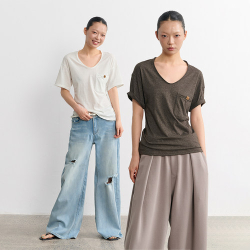 慵懒风大V领宽松短袖T恤女上衣