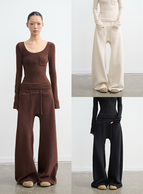 LINY LIBERTY 25AW 慵懒风纯色直筒宽松阔腿裤女休闲针织抽绳长裤