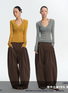 LINY LIBERTY 26SS 修身V领镂空羊毛混纺针织上衣女长袖打底T恤