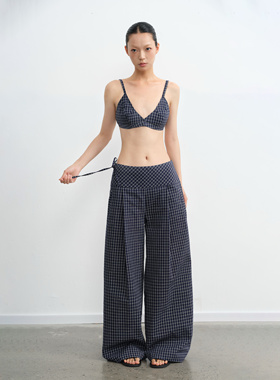 LINY LIBERTY 复古设计感蓝白格纹比基尼上衣高腰宽松休闲裤套装