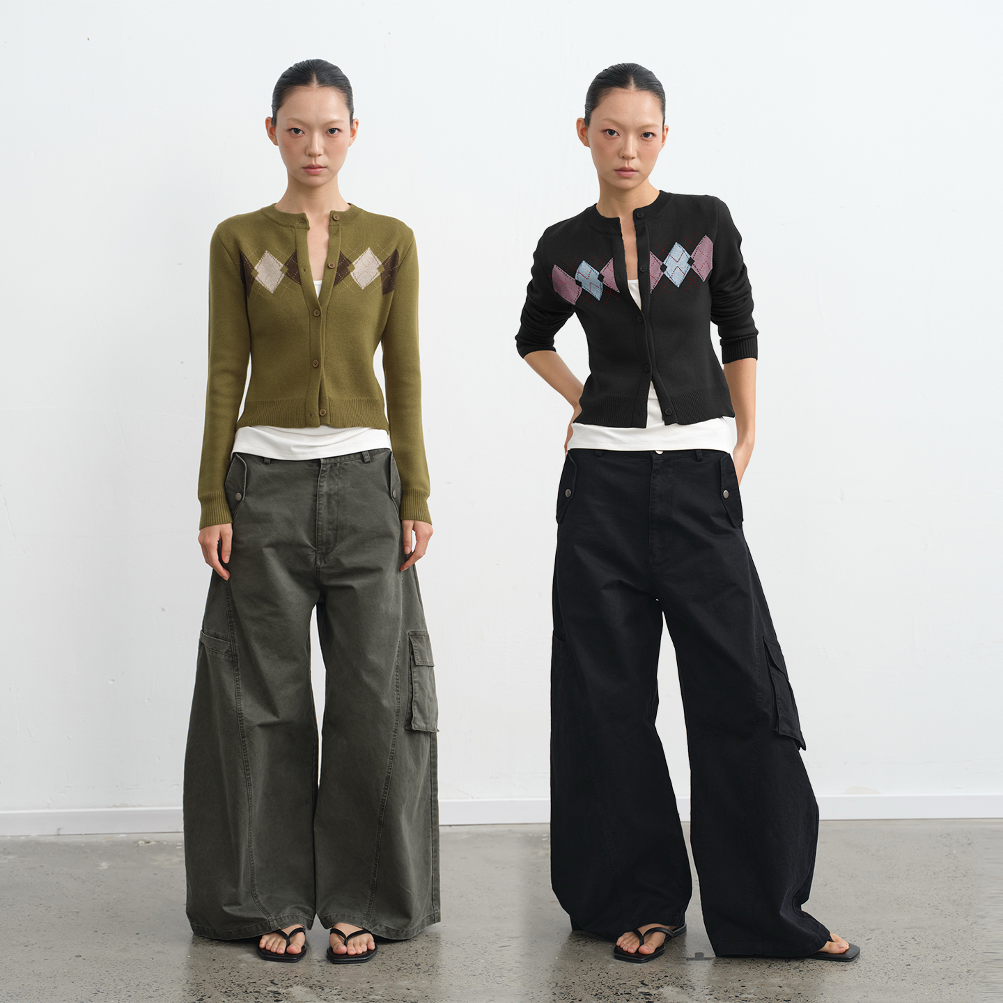 复古撞色菱格收腰毛衣女针织开衫