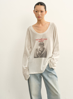 LINY LIBERTY 25AW 复古做旧风宽松落肩大U领印花长袖T恤女上衣