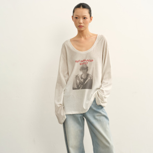 LINY LIBERTY 25AW 复古做旧风宽松落肩大U领印花长袖T恤女上衣