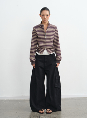 LINY LIBERTY 25AW 复古设计感条纹短款卫衣女立领宽松拉链外套