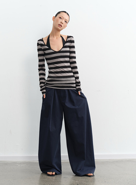 LINY LIBERTY25 设计感复古黑灰条纹修身V领长袖T恤女带弹力上衣