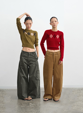 LINY LIBERTY 25AW 复古设计感菱格针织毛衣女短款圆领套头上衣