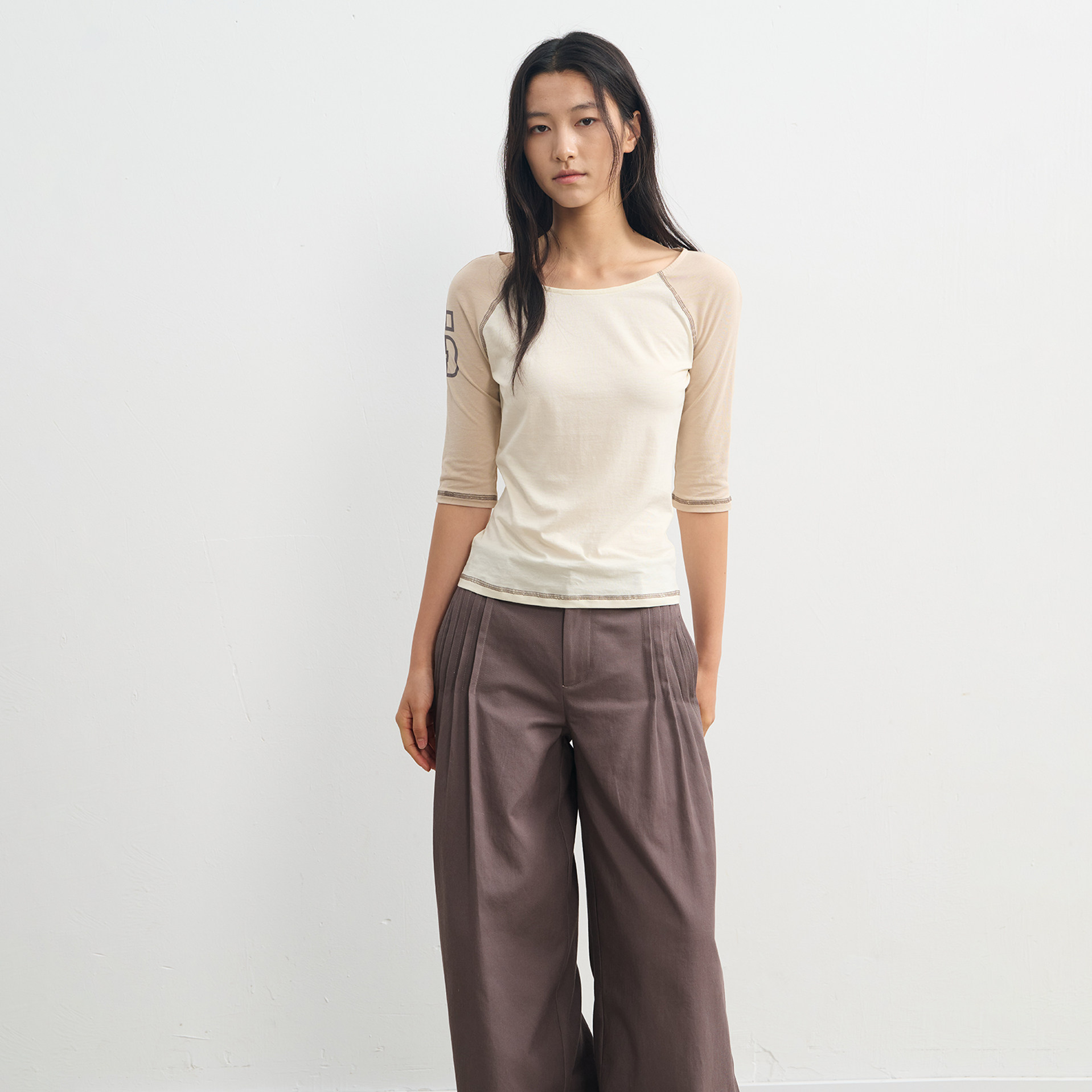 LINY LIBERTY 26SS 天丝亚麻混纺一字领七分袖T恤女短袖显瘦上衣