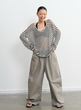 LINY LIBERTY 25SS复古黑白条纹宽松防晒针织T恤女新款长袖上衣