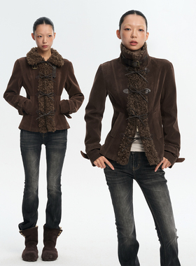 LINY LIBERTY 25AW 复古设计感棕色麂皮夹克上衣女秋冬加厚外套