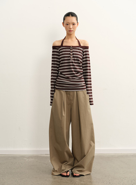 LINY LIBERTY25AW 复古设计感一字肩挂脖长袖T恤女微宽松露肩上衣