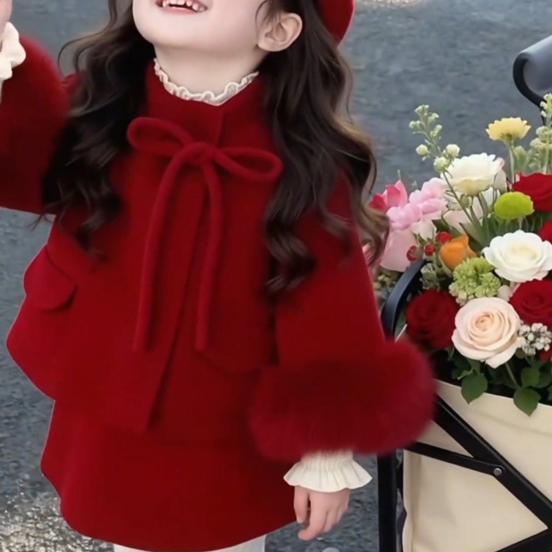 2026拜年服女童红色套装冬季大衣儿童双面呢外套公主裙毛呢背心裙