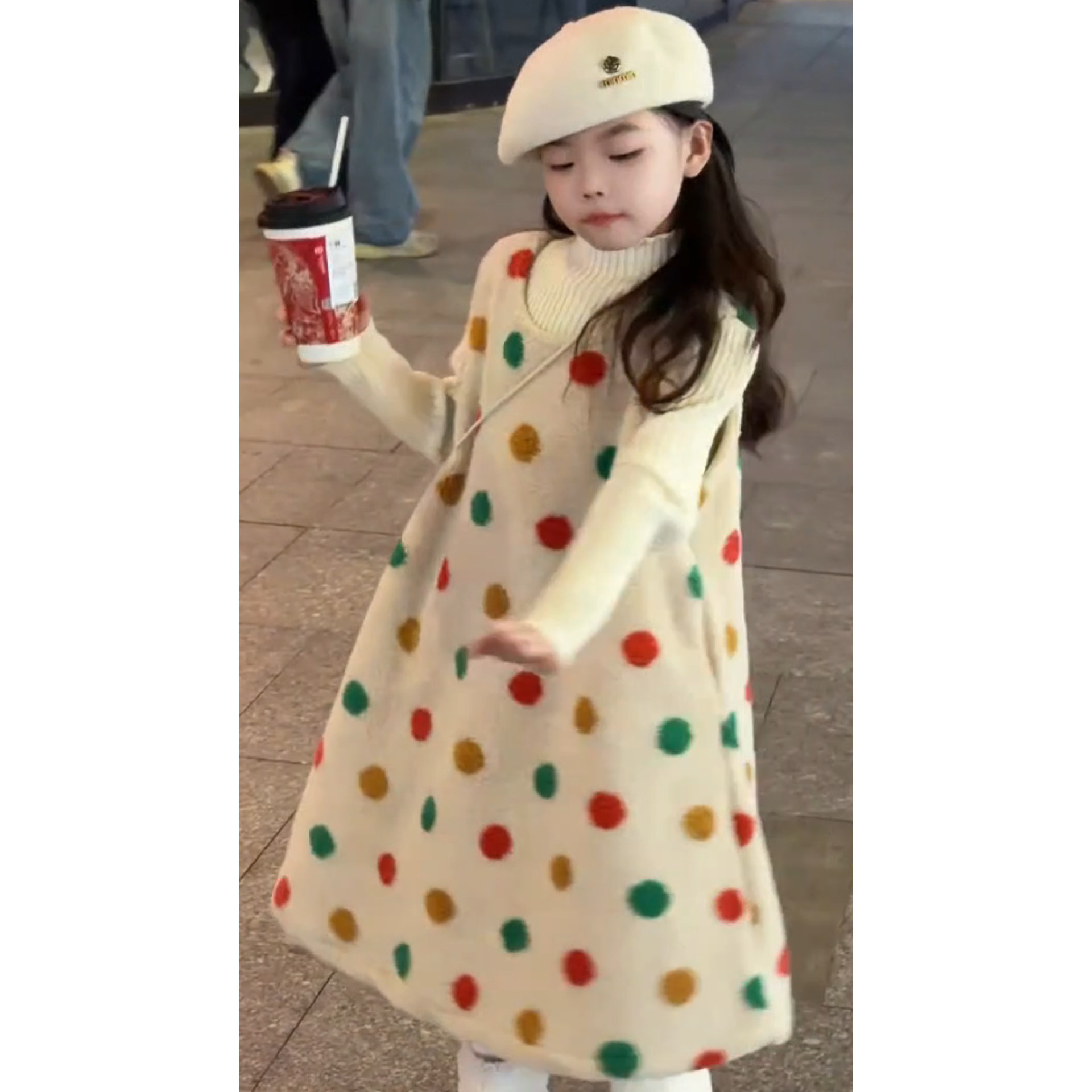 韩版2026秋季新款女童针织打底衫毛衣彩色圆点背心裙两件套连衣裙