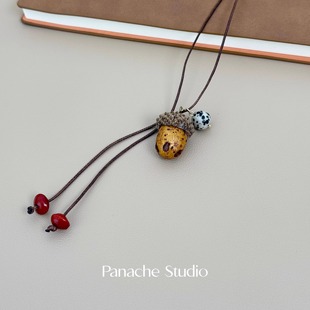 复古小众植物果实简约毛衣链 项链 PANACHE 天然橡果吊坠皮绳长款