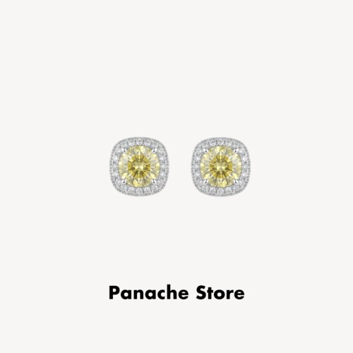 PANACHE 精致爆闪黄色小方糖耳钉 银针满钻锆石超闪简约百搭耳饰