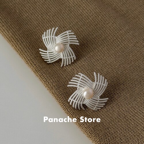 PANACHE 风絮藏 哑光银色线条珍珠耳环 小众设计高级感气质耳钉女