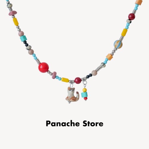 PANACHE 彩色可爱陶瓷小猫手作串珠项链小众设计多巴胺氛围锁骨链