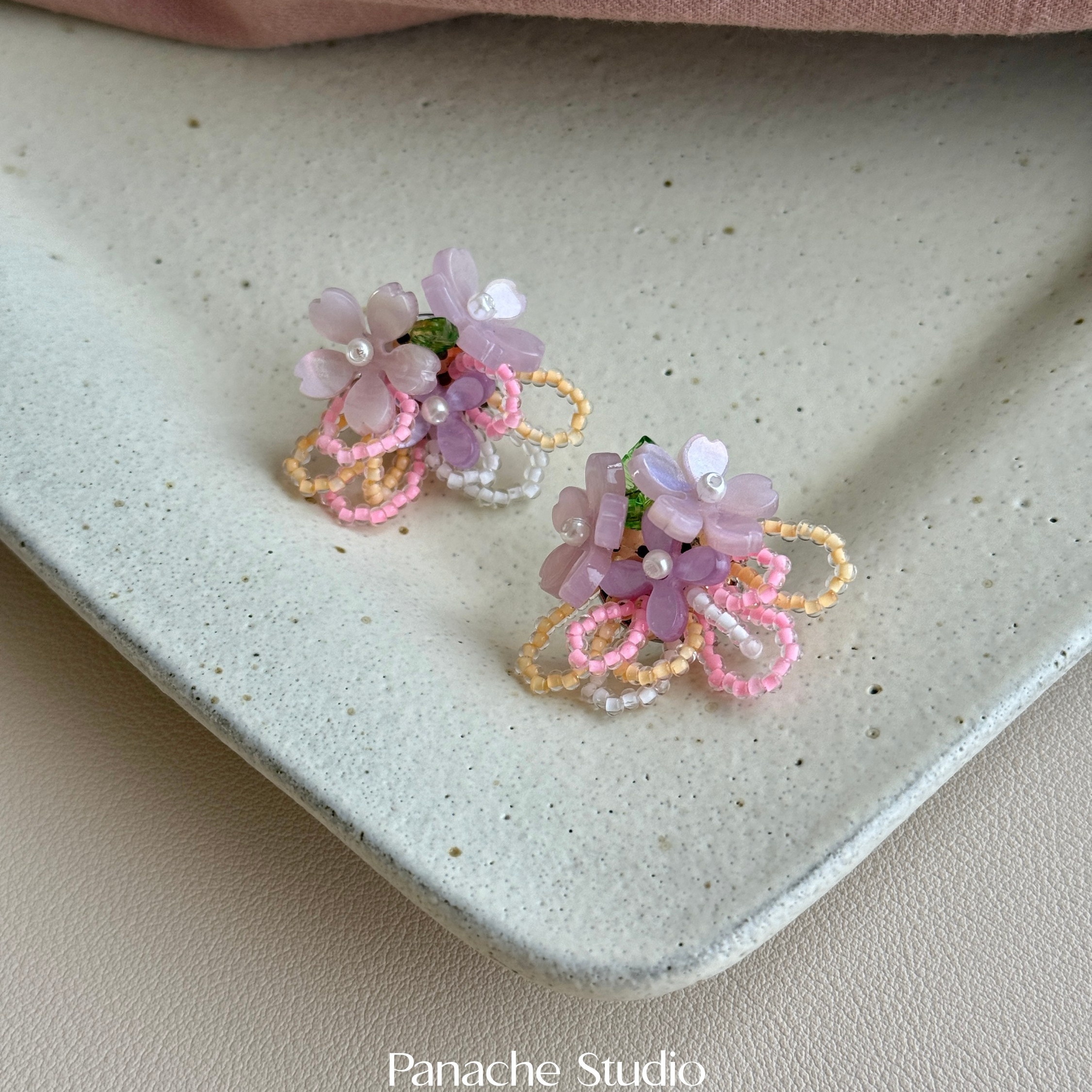 PANACHE 春夏粉紫色缤纷花朵串珠耳钉 少女森系清新度假风耳饰女