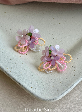 PANACHE 春夏粉紫色缤纷花朵串珠耳钉 少女森系清新度假风耳饰女
