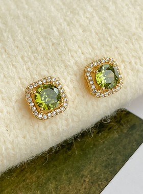 PANACHE 橄榄绿满钻方糖耳钉优雅复古高级感气质简约百搭银针耳环