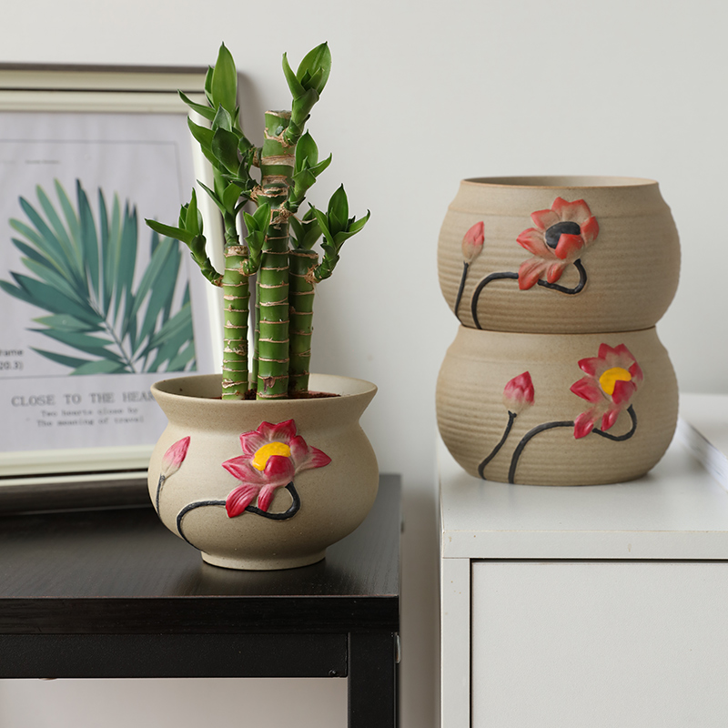 手绘粗陶多肉花盆透气养根控桩个性创意绿植肉肉盆栽盆器包邮