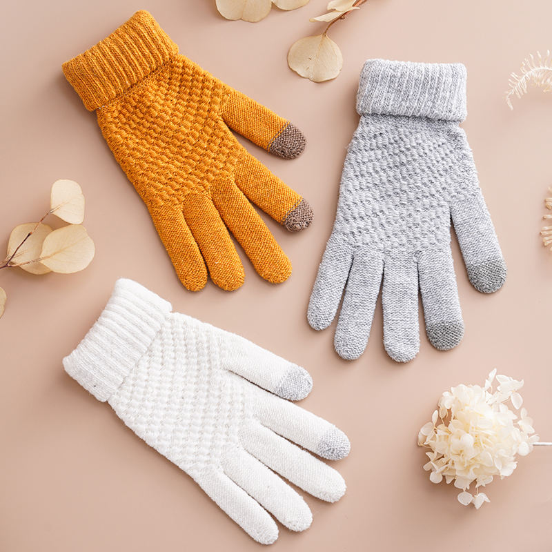 新款触屏手套男女士秋冬季加绒加厚保暖防寒户外骑行毛线针织手指