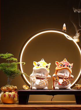 新中式陶瓷招财猫可爱摆件金蟾创意发光软装家居客厅开业乔迁礼品
