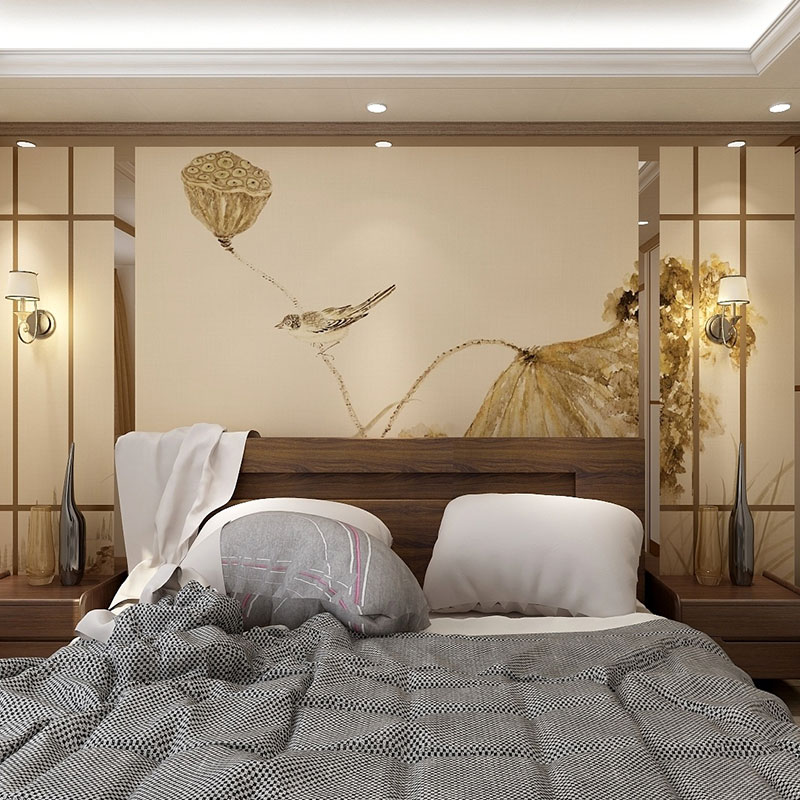 壁纸现代简约轻奢新中式客厅电视背景墙2021影视墙纸壁画金色荷花