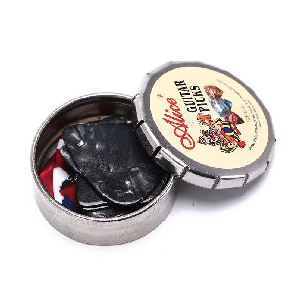 guitar picks, 12 colorful plectrum in one cute round metal