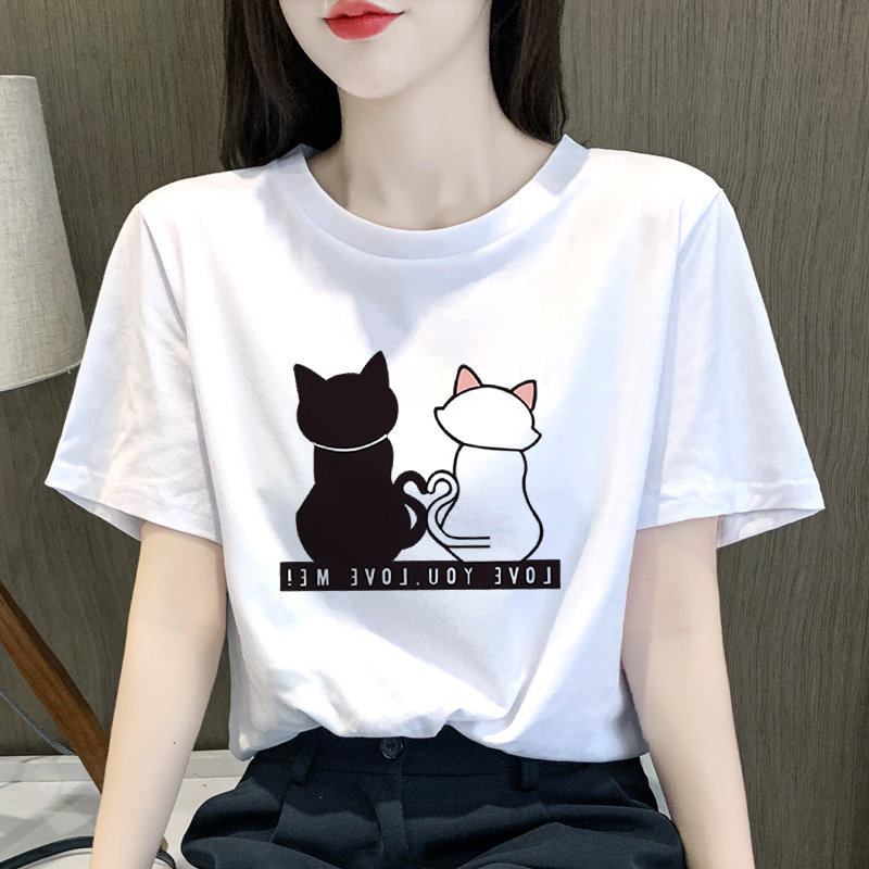 白色纯棉短袖t恤女2024年春季新款韩版宽松印花圆领体恤半袖上衣