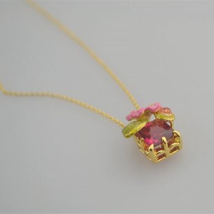 les 短款 镀金 红色宝石 项链 珐瑯花 法国