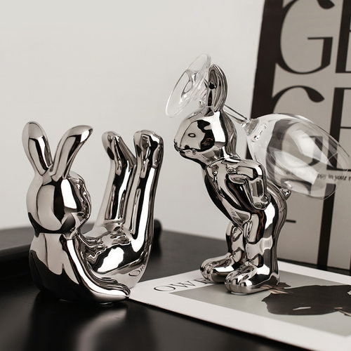 极速北欧轻奢可爱兔子红酒架餐桌装饰品创意陶瓷工艺品酒柜摆件