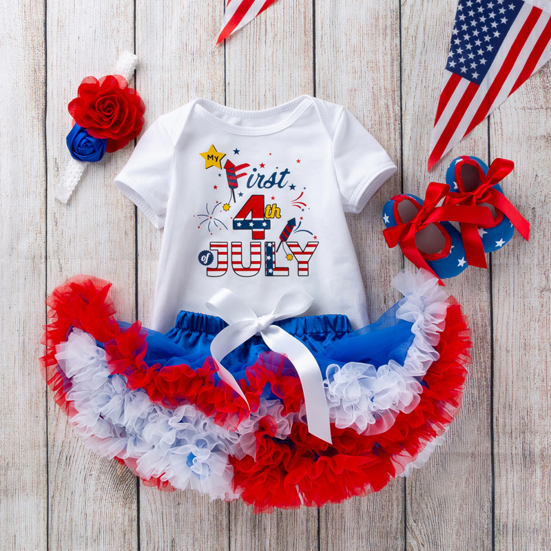 跨境美国庆典狂欢新生婴儿卡通包屁哈衣蓬蓬裙套装独立日宝宝服饰
