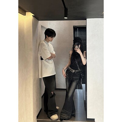 美式复古亚比风裤子cleanfit破洞牛仔裤男款夏季江浙沪乞丐直筒裤