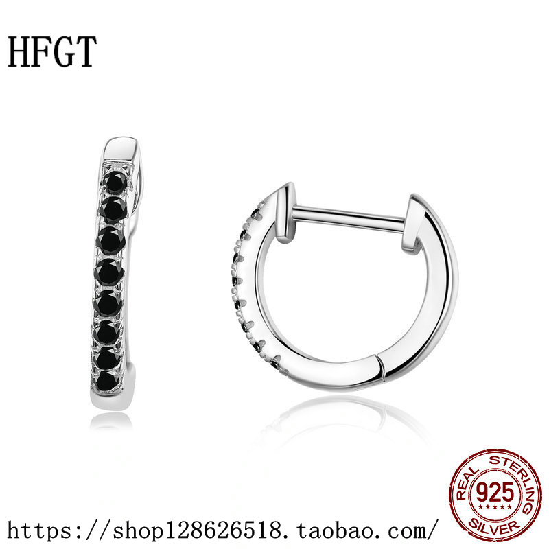 耳圈S925纯银耳扣锆石时尚耳钉简约彩色圈圈玫瑰金耳环彩虹黑钻