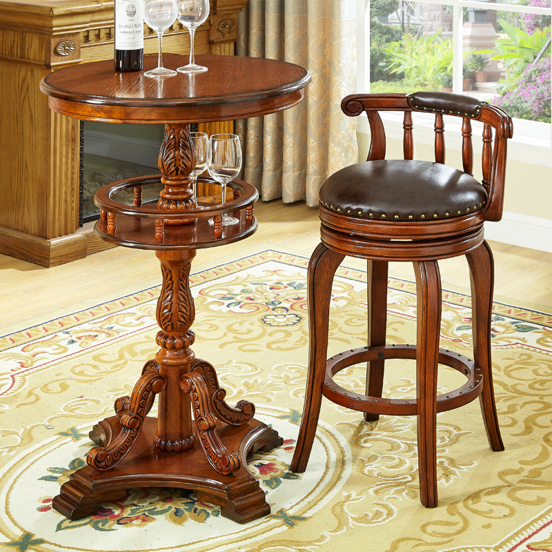 美式酒吧椅实木高脚凳欧式真皮旋转吧椅家用复古轻奢吧台靠背椅子