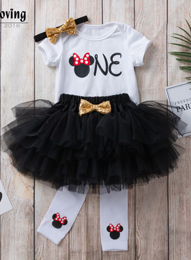 亚马逊eBay2022新品女宝宝短袖卡通哈衣黑色粉色公主裙袜套装