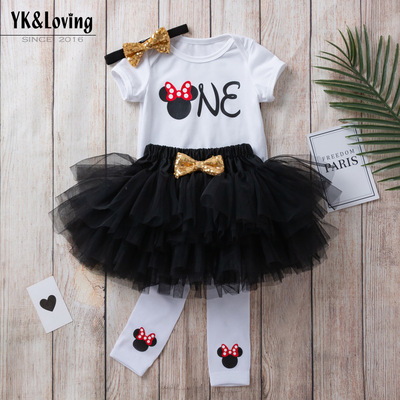 亚马逊eBay2022新品女宝宝短袖卡通哈衣黑色粉色公主裙袜套装