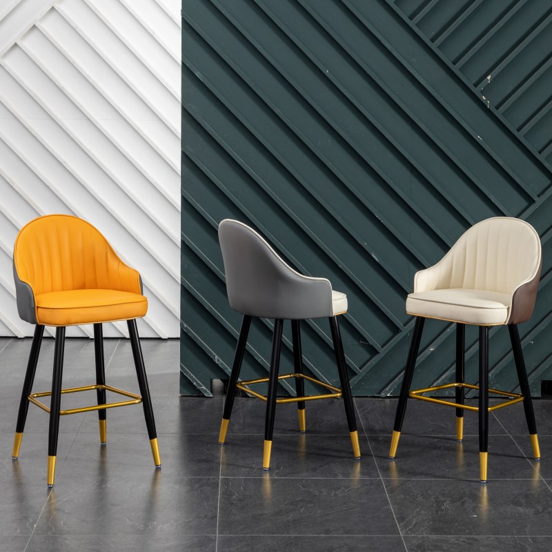 轻奢吧台椅北欧现代简约家用前台岛台酒吧高脚凳收银椅子拼色皮艺