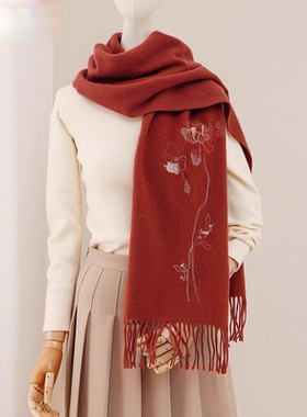 中国风刺绣围巾女冬季保暖流苏披肩送妈妈长方形围脖红色丝巾礼盒