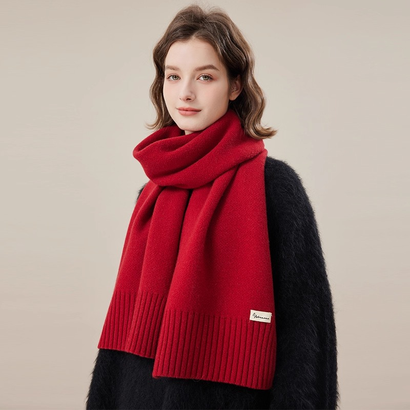 韩版纯羊毛围巾女秋冬红色百搭加厚保暖针织围脖新年好运披肩女士