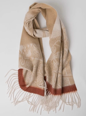 轻奢双面提花羊绒围巾男女通用冬季保暖流苏披肩高级感新年红色