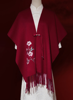 秋冬季羊毛围巾妈妈款红色刺绣旗袍外披肩女士喜妈妈婚礼保暖礼盒