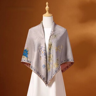 双面真丝方巾女夏季薄款花卉印花系脖披肩送妈妈中国风丝巾中年