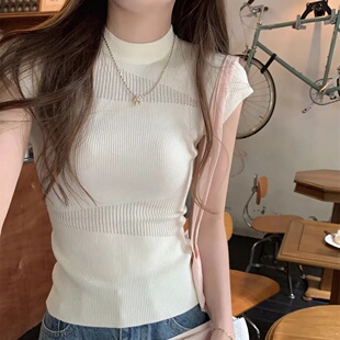 夏季小圆领镂空针织短袖女韩版修身辣妹百搭BM风上衣打底衫T恤ins