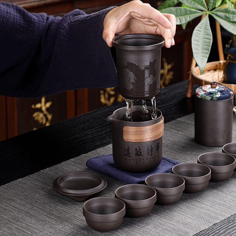 紫砂便携旅行茶具套装刻字功夫快客杯一壶六杯茶水分离茶杯定制